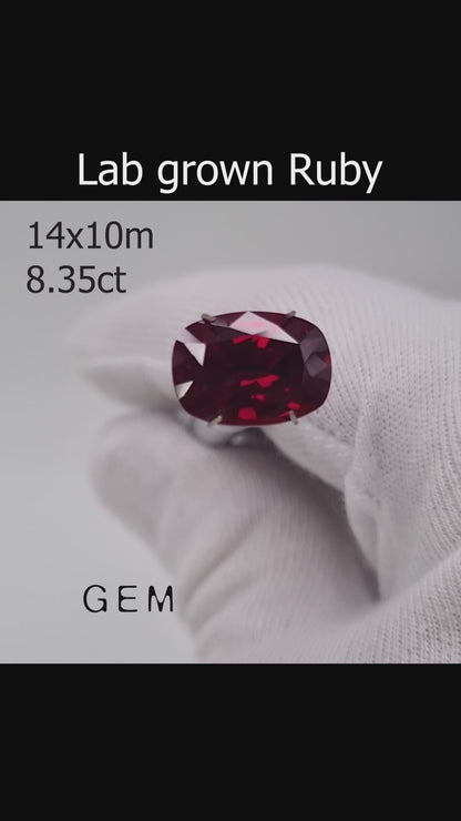 Cut stone - Ruby Pigeon blood Czochralski (Pulled) lab grown, facet Cushion 14x10mm 8.35ct