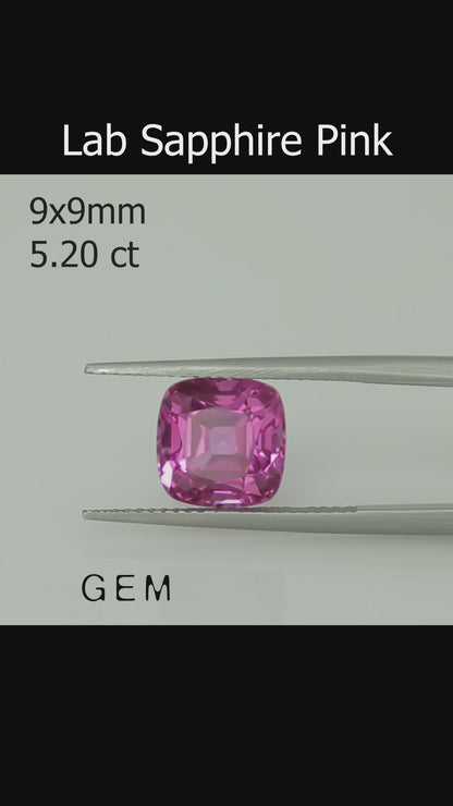 Cut stone - Sapphire Pink Czochralski (Pulled) lab grown, facet Cushion 9x9mm 5.20ct