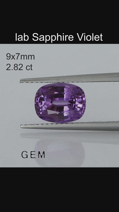 Cut stone - Sapphire Violet Czochralski (Pulled) lab grown, facet Cushion 9x7mm 2.82ct