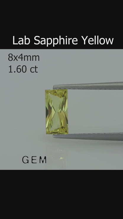 Cut stone - Sapphire Yellow Czochralski (Pulled) lab grown, facet Baguette 8x4mm 1.60ct