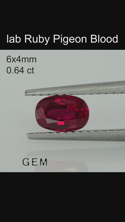 Cut stone - Ruby Pigeon blood Czochralski (Pulled) lab grown, facet Cushion 6x4mm 0.64ct