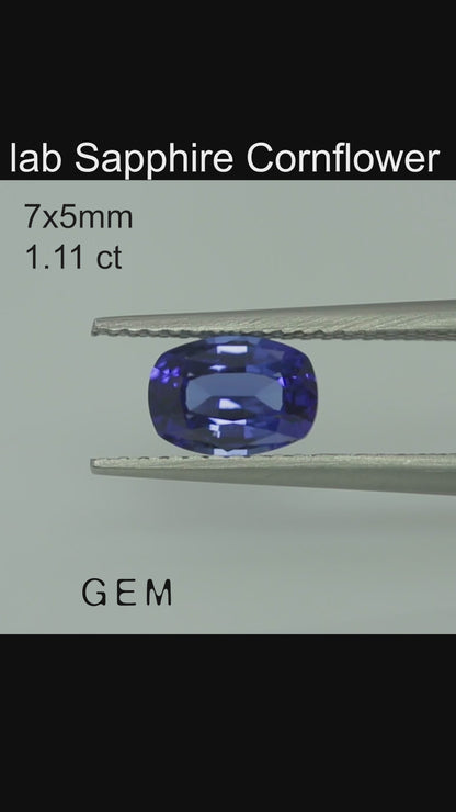 Cut stone - Sapphire Cornflower Blue Czochralski (Pulled) lab grown, facet Cushion 7x5mm 1.00-1.15ct