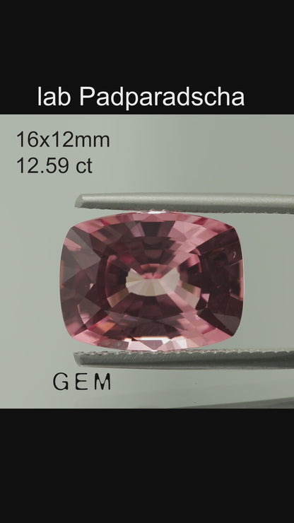 Cut stone - Sapphire Padparadscha Czochralski (Pulled) lab grown, facet Cushion 16x12mm 12.59ct