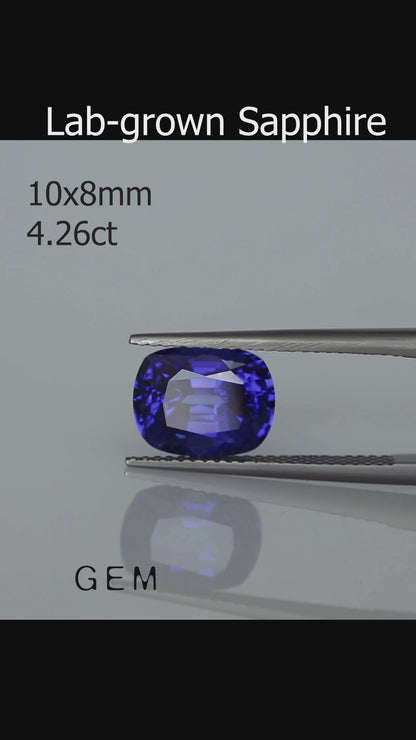 Cut stone - Sapphire Royal Blue Czochralski (Pulled) lab grown, facet Cushion 10x8mm 4.26ct