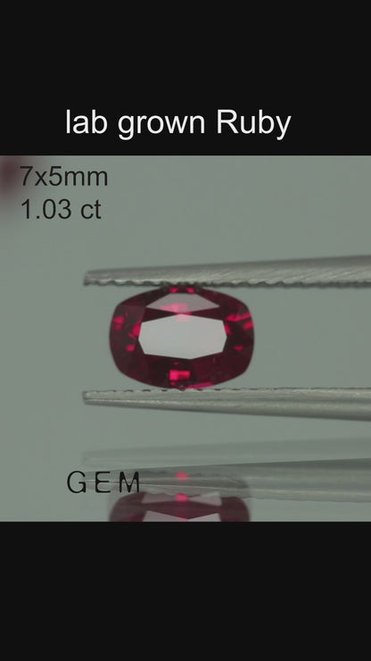 Cut stone - Ruby Pigeon blood Czochralski (Pulled) lab grown, facet Cushion 7x5mm 0.90-1.03ct