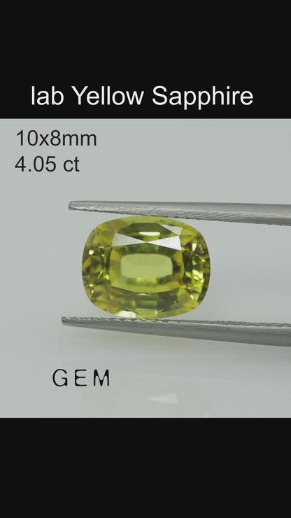 Cut stone - Sapphire Yellow Czochralski (Pulled) lab grown, facet Cushion 10x8mm 4.05ct