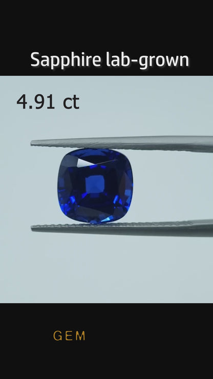 Cut stone - Sapphire Royal Blue Czochralski (Pulled) lab grown, facet Cushion 9x9mm 4.91ct