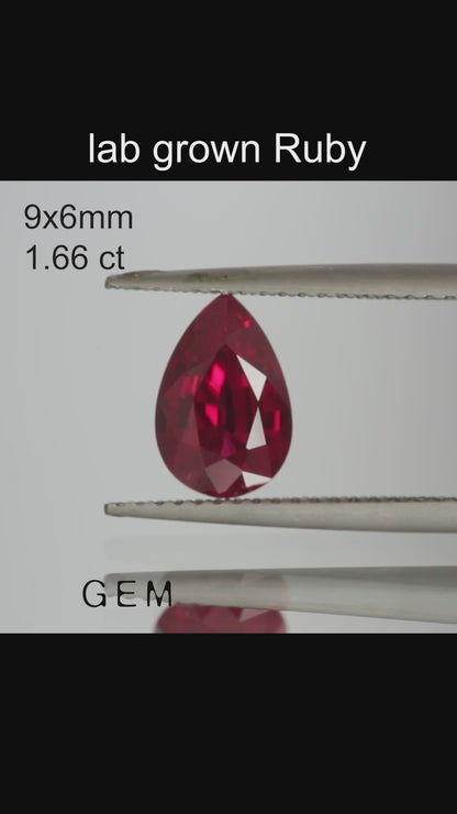 Cut stone - Ruby Pigeon blood Czochralski (Pulled) lab grown, facet Pear 9x6mm 1.61-1.84ct