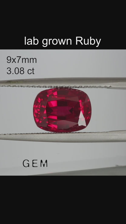 Cut stone - Ruby Pigeon blood Czochralski (Pulled) lab grown, facet Cushion 9x7mm 2.92-3.25ct