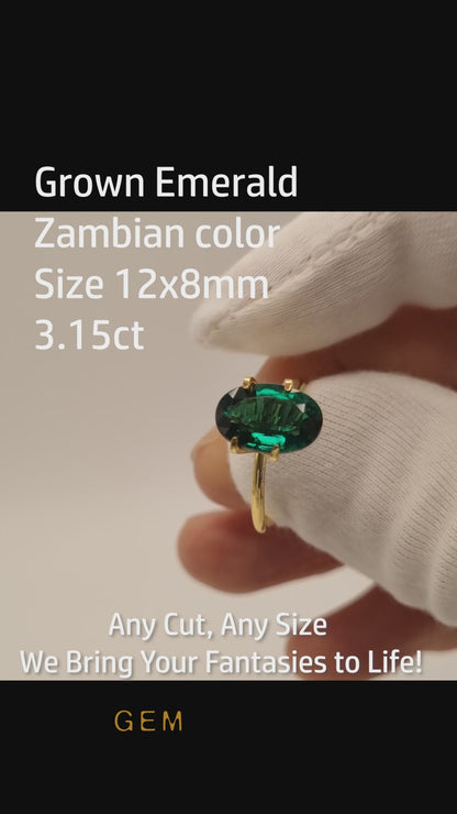 Cut stone - Emerald Zambian hydrothermal lab grown, facet Oval 12x8mm 3.15ct