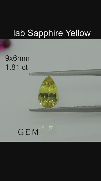 Cut stone - Sapphire Yellow Czochralski (Pulled) lab grown, facet Pear 9x6mm 1.81ct