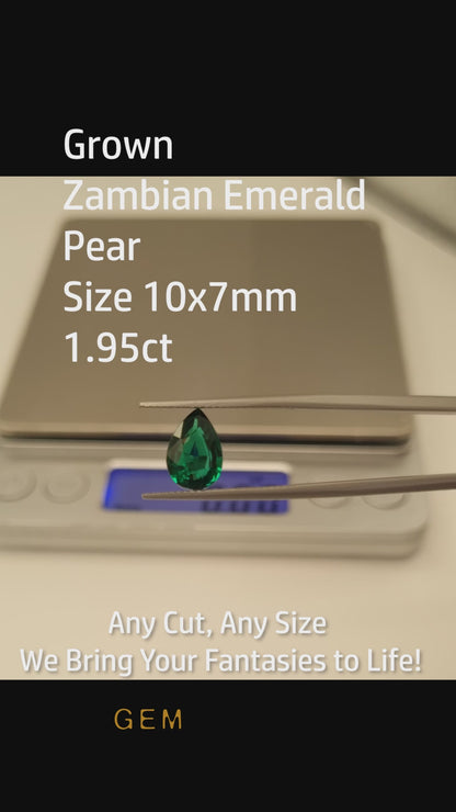 Cut stone - Emerald Zambian hydrothermal lab grown, facet Pear 10x7mm 1.70-1.95ct