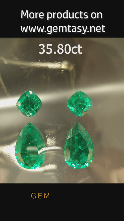 Cut stones set for earrings 35.80ct - Colombian hydrothermal Emeralds lab-grown Cushion 10x10mm 2pc + Pear 22x14mm 2pc