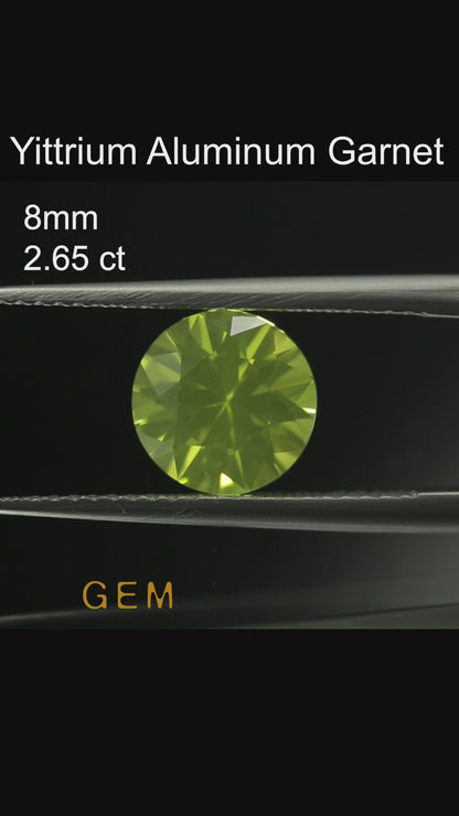 Cut stone - YAG Yellow neon Czochralski (Pulled) lab grown, facet Round 8mm 2.39-2.71ct