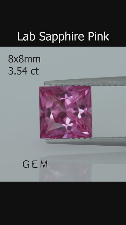 Cut stone - Sapphire Pink Czochralski (Pulled) lab grown, facet Princess 8x8mm 3.54ct