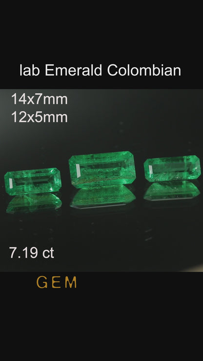 Cut stone set - Emerald Colombian hydrothermal lab grown, facet Octagon 14x7mm (1pc) 12x5 (2pcs)  7.19ct